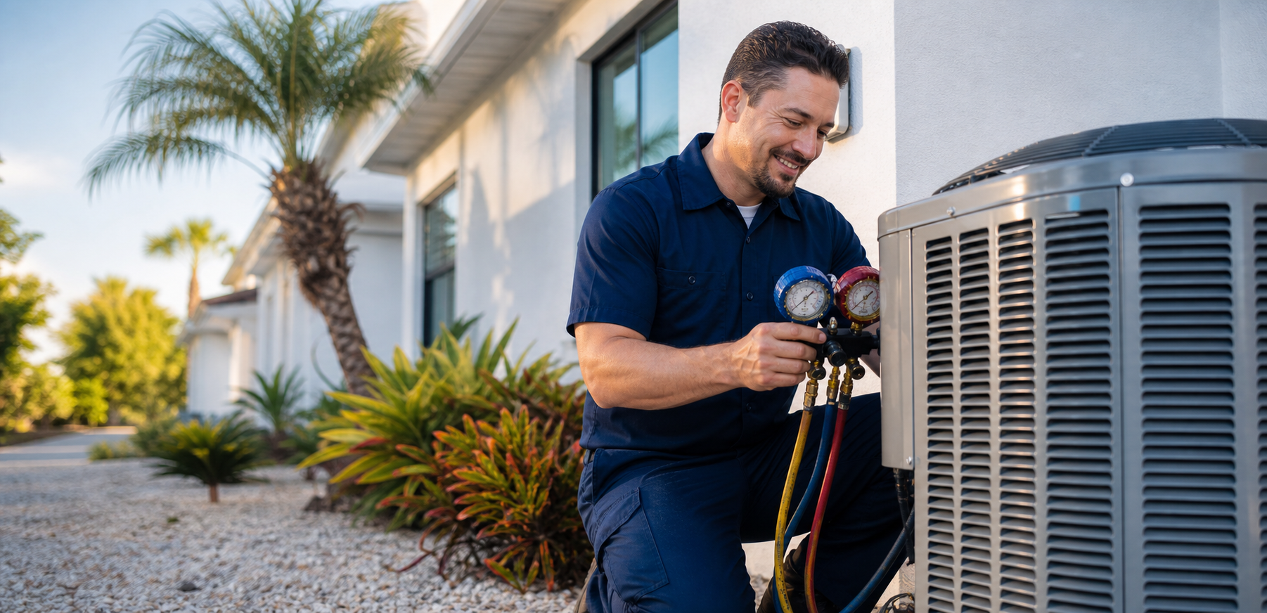 HVAC technician servicing an outdoor air conditioning unit at a Florida home