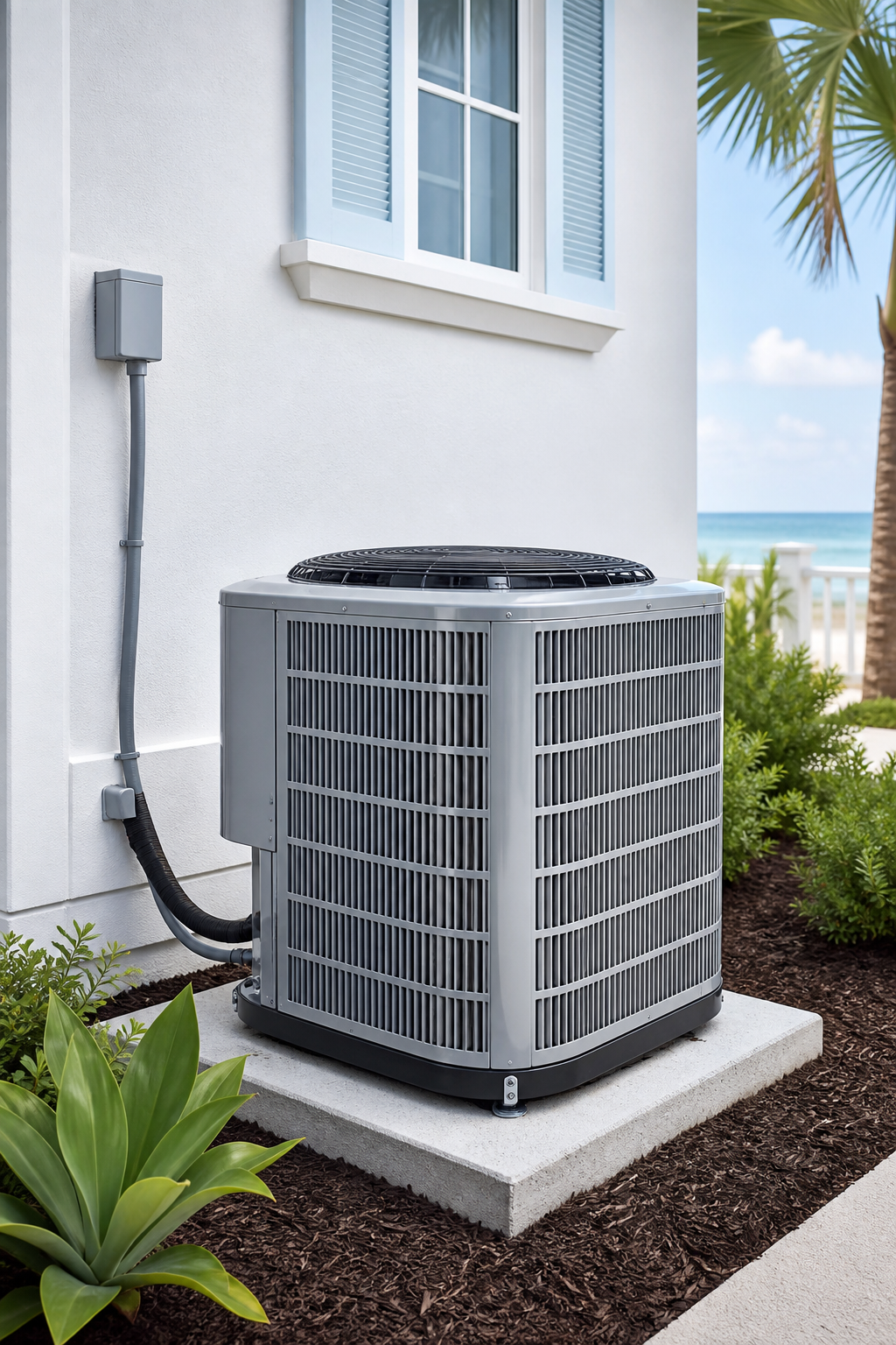 Pristine new outdoor air conditioning condenser installed beside a coastal home