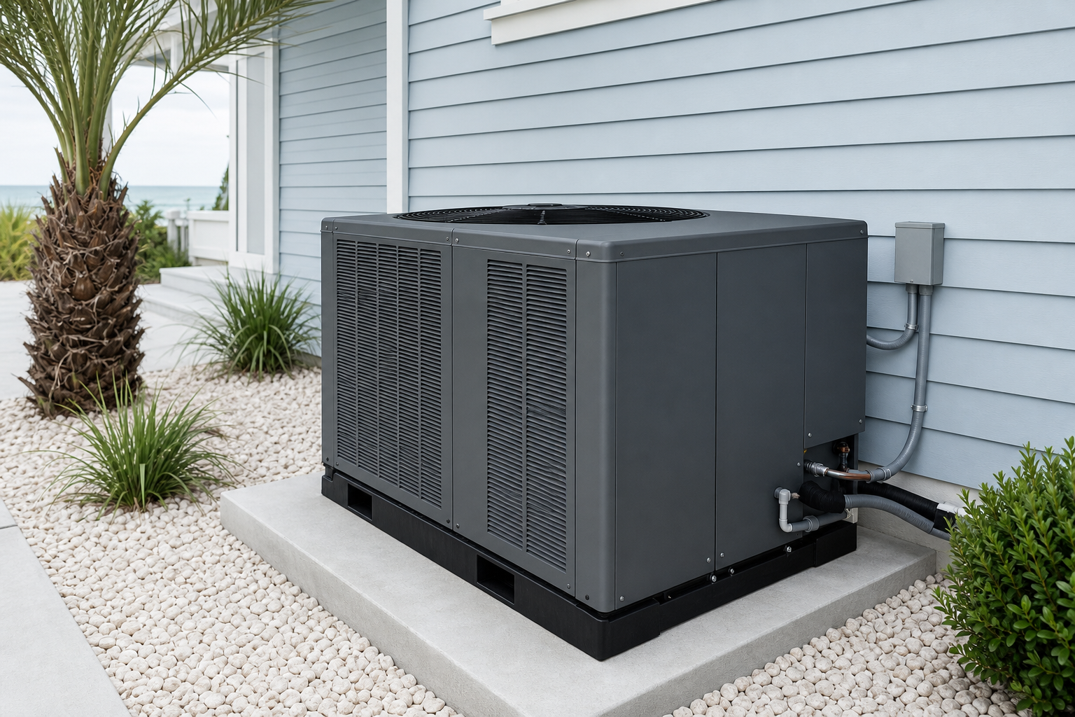 Pristine new packaged HVAC system installed beside a coastal home